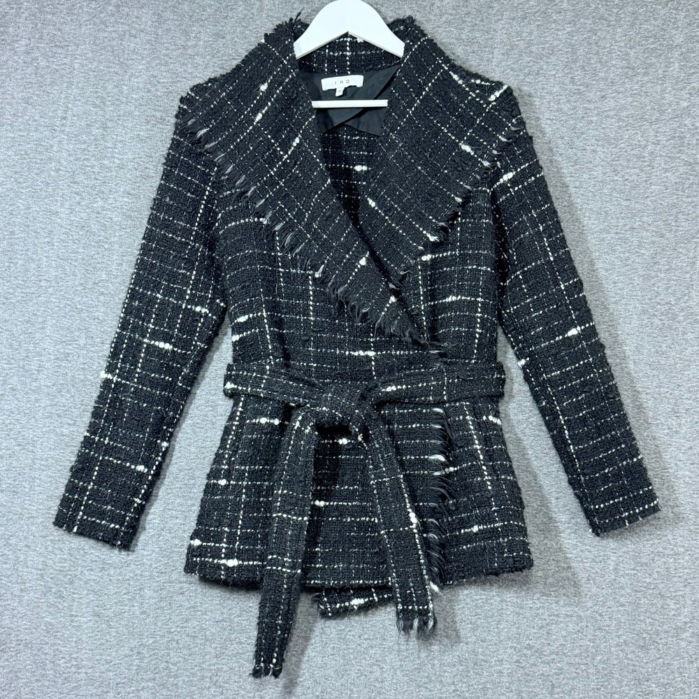 IRO Paris Women Tweed Boucle Jacket Med Fringe Belted Wrap Blazer Dark Academia
